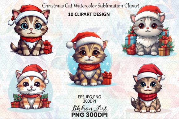 10 Christmas Cat Watercolor Clipart: Illustrations