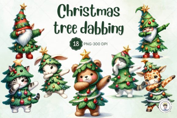 Christmas Tree Animal Dabbing Clipart Illustrations