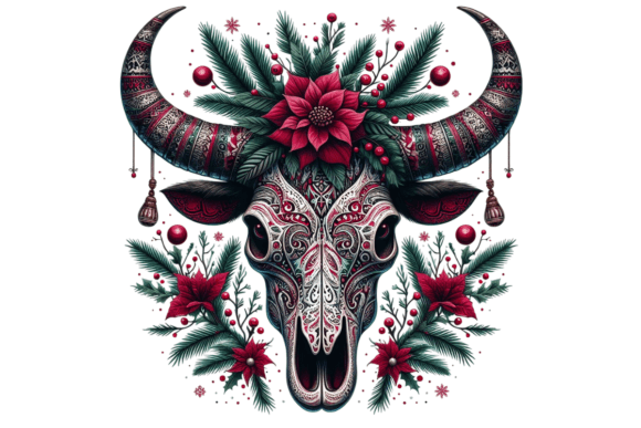 Christmas Tribal Flower Bull Skull PNG Review