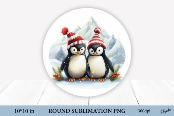 Christmas Two Penguins Round Sign PNG: Festive Illustrations