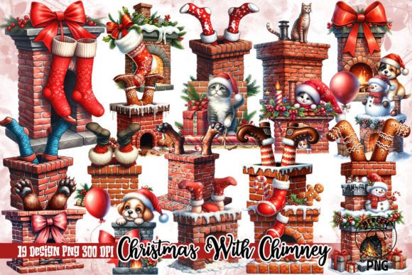 Funny Christmas with Chimney Clipart PNG Illustrations
