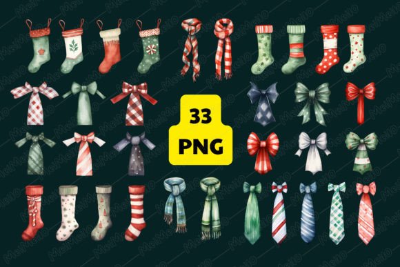 Watercolor Christmas Sock Bow Tie Scarf Illustrations